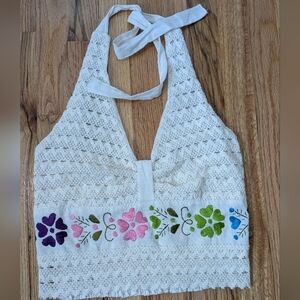 Aesthetic Cropped Halter Tank Top With Floral Embroidered Sz M